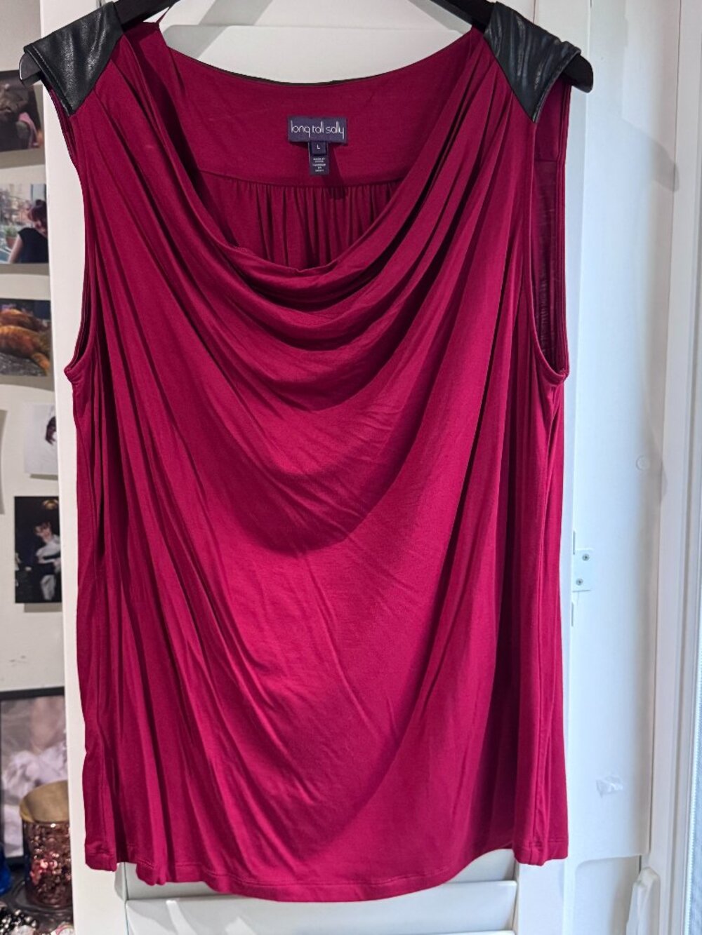 ✨🍷Stunning Long Tall Sally Red Cowl Neck Top Leather Shoulder Detail Size L✨🍷